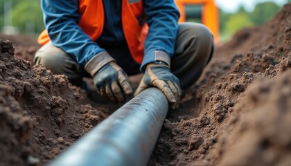 Construction worker installs metal pipe in trench. Man wears safety vest, work gloves at construction site. Underground utility service. Hard work in industrial area. Building, plumbing,