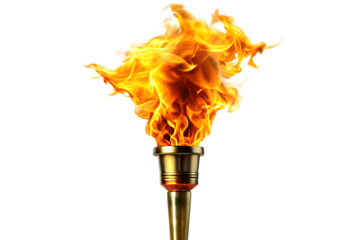 Fiery torch with golden base burning brightly against a black background isolated on a transparent background