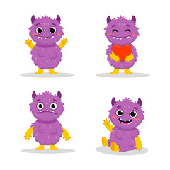 set of cute cartoon monster with heart on white background. Happy Alien. Funny purple monster in flat style. 
