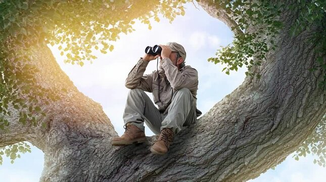 A man with binoculars on a tree branch - either he's watching for birds or is looking into people's windows like a treetop pervert