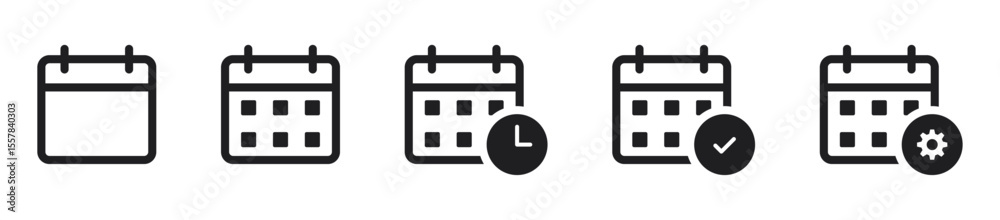 Poster Flat calendar icon set with date, time, event, reminder symbols and checkmark icon. setting gear, and clock, ideal for scheduling, planning, task and time management