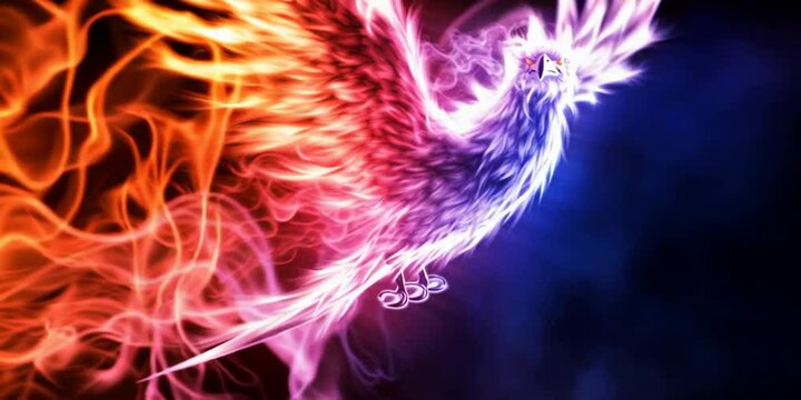 A glowing mythical phoenix flying - stylized animation 