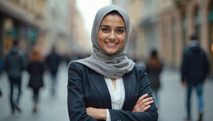 Young confident Arab woman in headscarf smiles on city street. Businesswoman, ceo, entrepreneur in stylish suit. Portrait of successful manager, executive. Corporate, professional career.