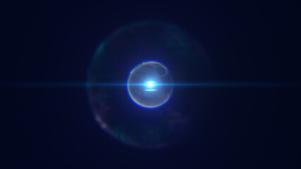 Bright energy sphere with sharp white core and glowing halo, emitting powerful lens flare across a dark cosmic backdrop
