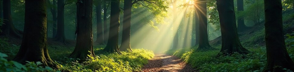 Sunbeams Illuminate Path Through Ancient Forest Mystical Sunlight, Winding Trail, Untouched Nature
