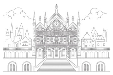 Obraz premium Ornate building, grand steps, European city skyline. 