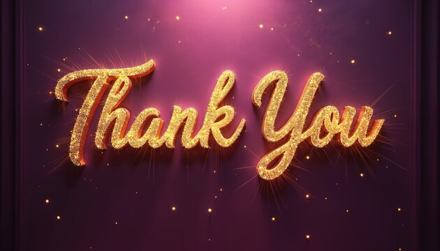 Sparkling gold Thank You sign purple background. Shimmering golden text. Festive celebratory message for card. Gratitude appreciation concept for events, weddings, parties.