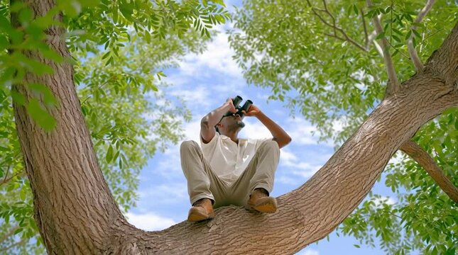 A man with binoculars on a tree branch - either he's watching for birds or is looking into people's windows like a treetop pervert