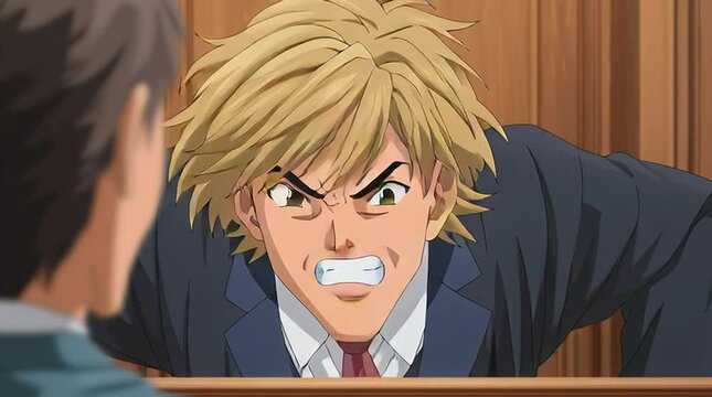 Anime courtroom scene with a judge banging the gavel while admonishing an attorney