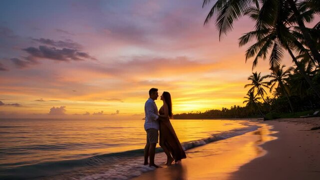 Couple silhouette romantic sunset beach
