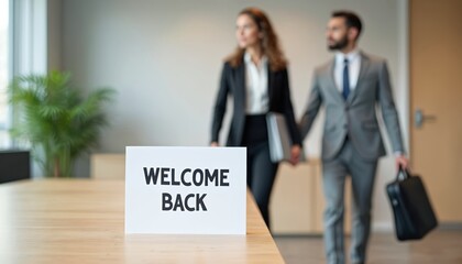 Young business people back at office after break. Welcome back sign on wooden table, welcoming employees to workplace. Two colleagues, man and woman in suits enter corporate building, ready for work.