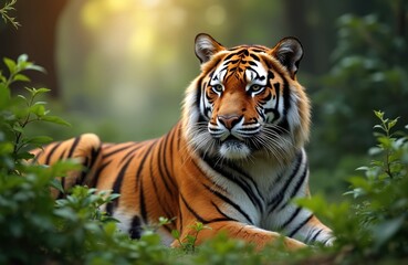 Obraz premium Close-up portrait of a majestic tiger lying in green jungle environment. Orange fur with black stripes. Wild cat predator in natural habitat. Bengal tiger. Beautiful big cat animal in the wild.