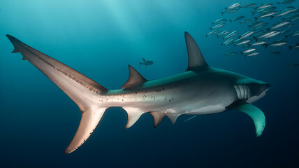 Fototapeta premium Shark in deep blue ocean, powerful predator. 