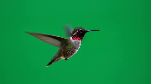 A hummingbird flies its wings blurred against a solid green backdrop The bird has iridescent coloring on its head and throat