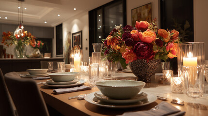 Elegant English dining tables styled with flickering candlelight, floral centrepieces, crystal glassware and richly layered plates, capturing the warmth of evening gatherings at home, wedding or event