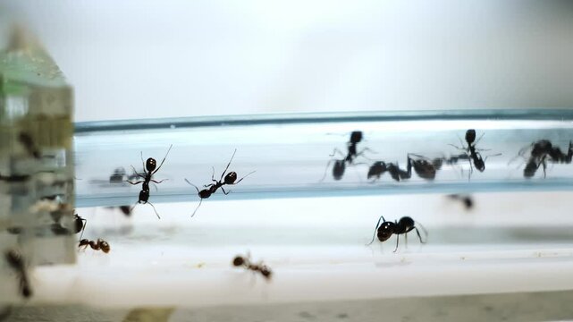 Relocation of ants to another formicarium through a pipe close-up side view. Colony of messor reaper ants in the acrylic ant farm. Hobby pets watching. Selective focus. Big family concept. 4K footage.