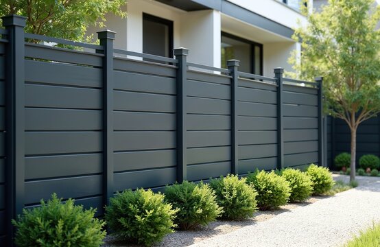 Modern grey aluminum fence protects residential property garden. Stylish barrier home exterior design, secure privacy. Contemporary design offers aesthetic appeal. Landscape view with green bushes