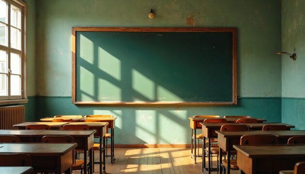 Empty classroom interior with desks chairs, blackboard, window, sunlight shadows. Education, learning concept. School, college university. Interior design, architecture, education building, back to