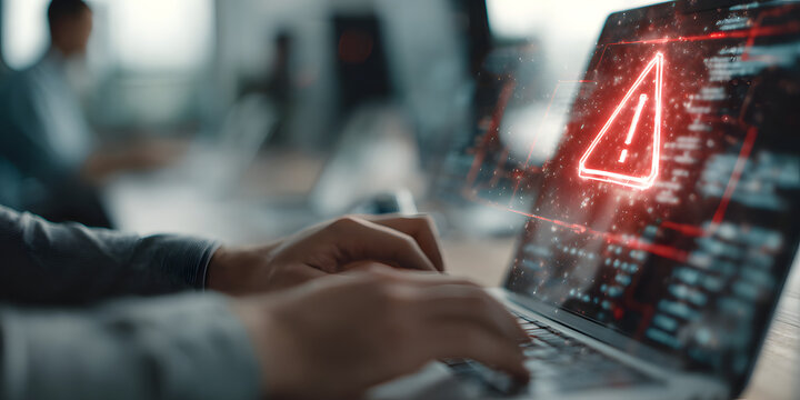 Cyber Alert: A close-up captures a hand typing on a laptop keyboard with a glaring red alert symbol overlay, representing a critical system security risk.