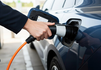 Hand holding Power supply plugged into an electric car charging