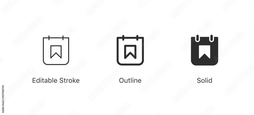 Poster bookmark, save icons | for saving content, and creating lists or scheduling, event reminder, or planner interface | in editable stroke, outline, and solid styles
