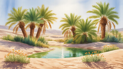 Fototapeta premium Oasis in the desert, palm trees, tranquil pool. 