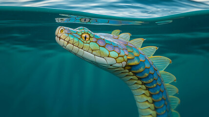 A vibrant, colorful snake, underwater, with iridescent scales.
