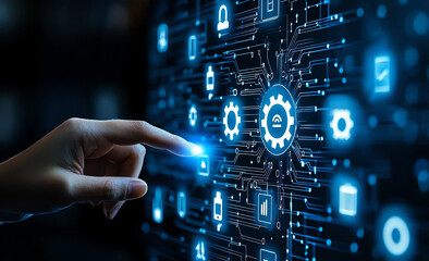 Hand touching gears icon on digital screen represents technology and innovation, showcasing interaction between human and machine in modern environment