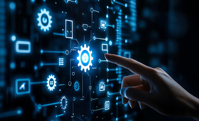Hand touching gear icon on digital screen represents technology and innovation, showcasing interaction between humans and machines in modern environment