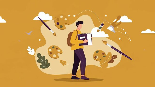 An illustration of a person walking surrounded by art supplies like paintbrushes and palettes with cloud and leaf elements