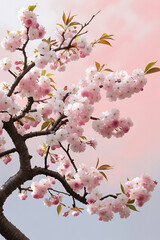 Pink cherry blossoms in soft pastel sky.
