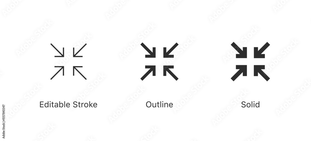 Poster minimize icon four 4 arrows icon meeting point, rally compact size small scale arrows icons . shrink icon resize in arrows