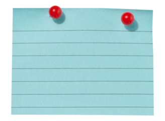 A sheet of blue lined paper attached with two red pushpins on an isolated background