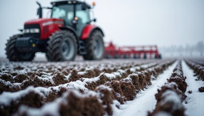 Red tractor plows snowy field winter agriculture. Farmer work in cold environment. Snow covered ground. Rural countryside landscape. Heavy industry machinery.