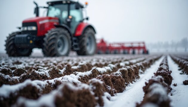 Fototapeta Red tractor plows snowy field winter agriculture. Farmer work in cold environment. Snow covered ground. Rural countryside landscape. Heavy industry machinery.