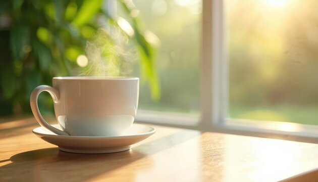 Steaming hot coffee mug on wooden table near window with green blurred background. Fresh morning beverage, relax time with aroma. Cafe at home, cozy lifestyle. Sunlight, white cup, cafe interior.
