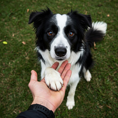 Fototapeta premium Man holding paw of border collie