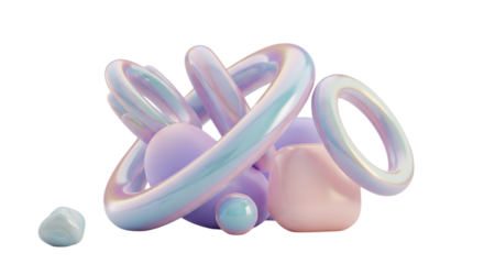 Abstract iridescent and pastel shapes forming a playful composition isolated on transparent background