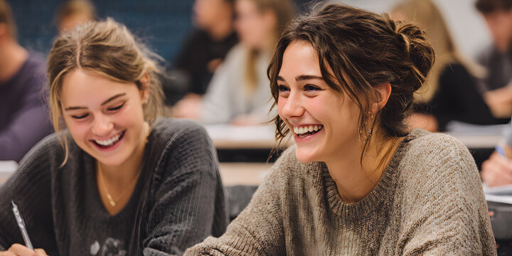 Joyful camaraderie: Two young female student share a candid moment of shared laughter, during a class, in a vibrant and engaging learning environment.