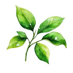 watercolor vector of Green Leaves With Droplets, isolated on a white background. © AMIDCO