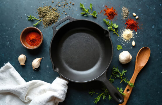 Cast iron pan with various spices on black metal culinary background. Top view, cooking concept. Empty skillet, wooden spoon, garlic bulbs, fresh herbs. Culinary background for recipes, menu design,