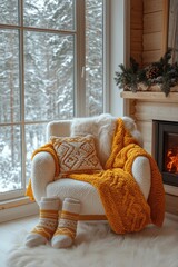 Cozy winter armchair by a fireplace