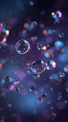 Floating water droplets suspended in zero gravity environment. Bubbles in space with glowing reflections and depth of field.