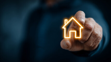 Businessman’s hand holding a glowing digital house icon symbolizing real estate, technology, and smart home concepts. Futuristic business theme with dark background and caption space on the side.

