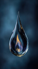 Transparent droplet with fire burning inside, suspended in air