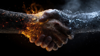 Fiery and icy hands shake in symbolic unity of opposites. Fire and Water, Power and Balance