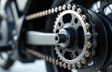 Motorcycle chain transmits power from engine to rear wheel. Chrome metal, shiny details. Close-up tech photo, auto parts, engineering, speed, technology. Perfect for mechanics, vehicle tech, auto