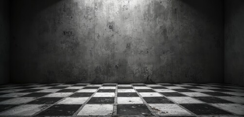 Black white checkered floor against textured wall. Dramatic vintage-style background. Grunge distressed look, moody atmosphere. Perfect for design projects, interior concepts or artistic themes.