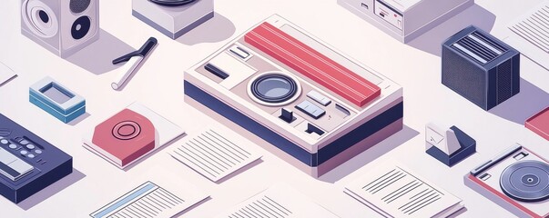 Digital isometric illustration of retro technology and electronic devices