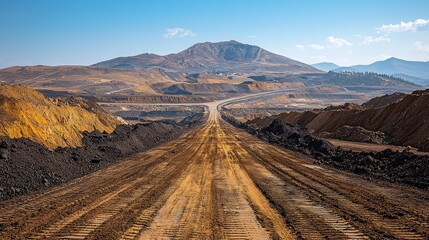 Naklejka premium Open-pit mine road winding through a landscape of earth and mountains.